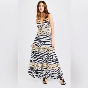 FIGUE Vivienne Animal Zebra Print Halter Maxi Dress NWT $795